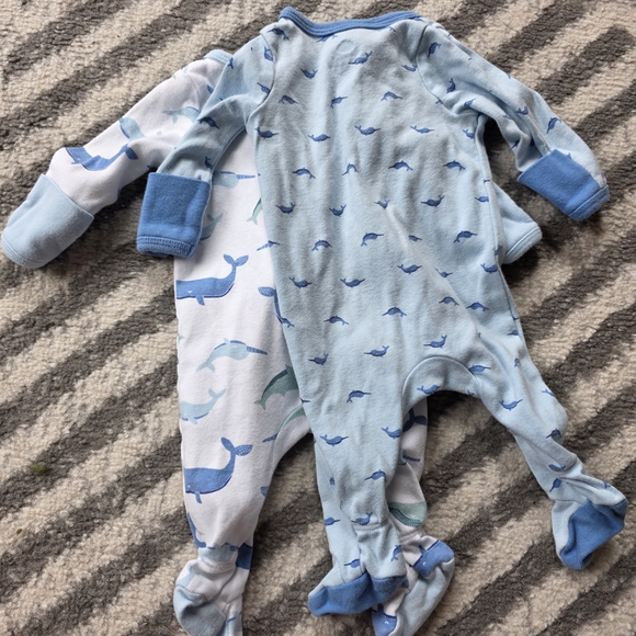 Cloud Island Blue and Green Whale Print Footed Onesie - Picture 2 of 4